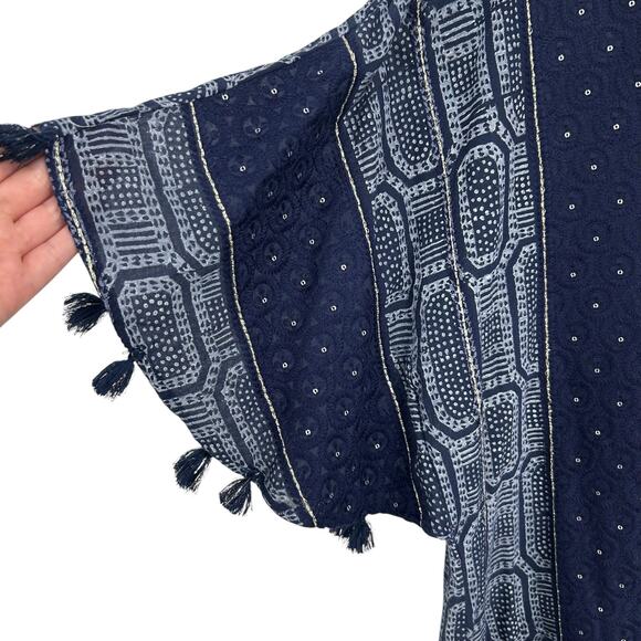 LulaSoul Navy White Printed Short Sleeve Tassel Knee Length Dress Womens Large - Picture 2 of 7